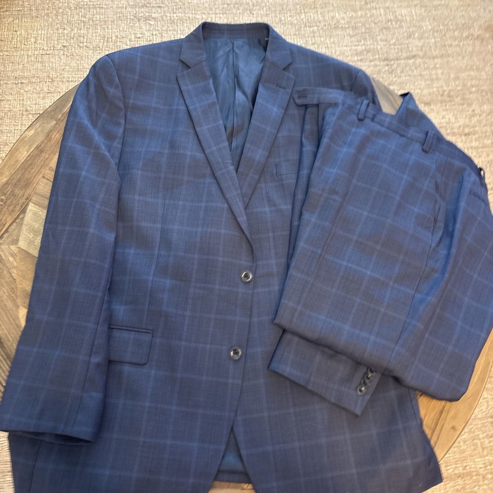 Michael Kors Suit Mens 46L Blue  Windowpane Plaid 2 Piece Wool  38x32 Flat Front